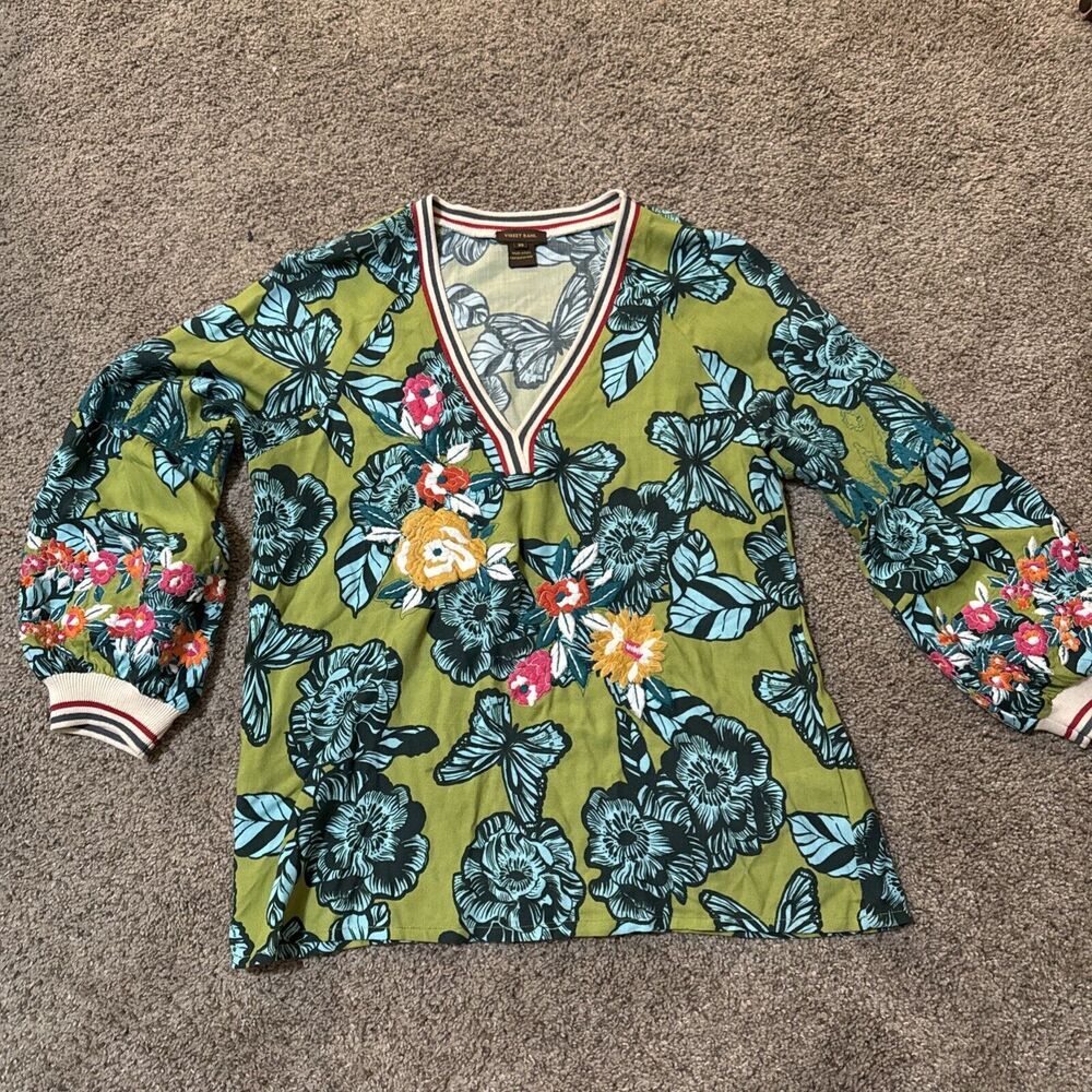 Anthropologie Vineet Bahl Ashley Long Sleeve V-neck Blouse Embroidered Blouse XS